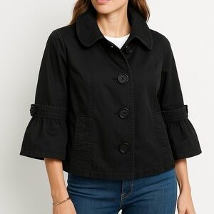 Women’s Cotton Jacket Unlined 3/4 Sleeves Retro Collar Buttons 80’s Black Medium